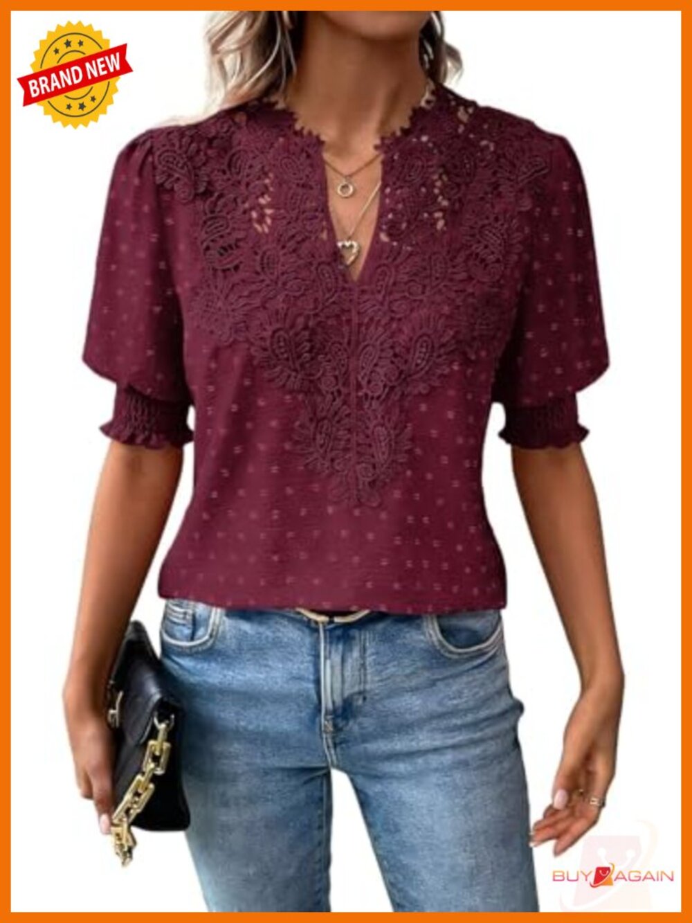Boho Swiss Dot V-Neck Puff Sleeve Tunic Top Lightweight Summer Blouse